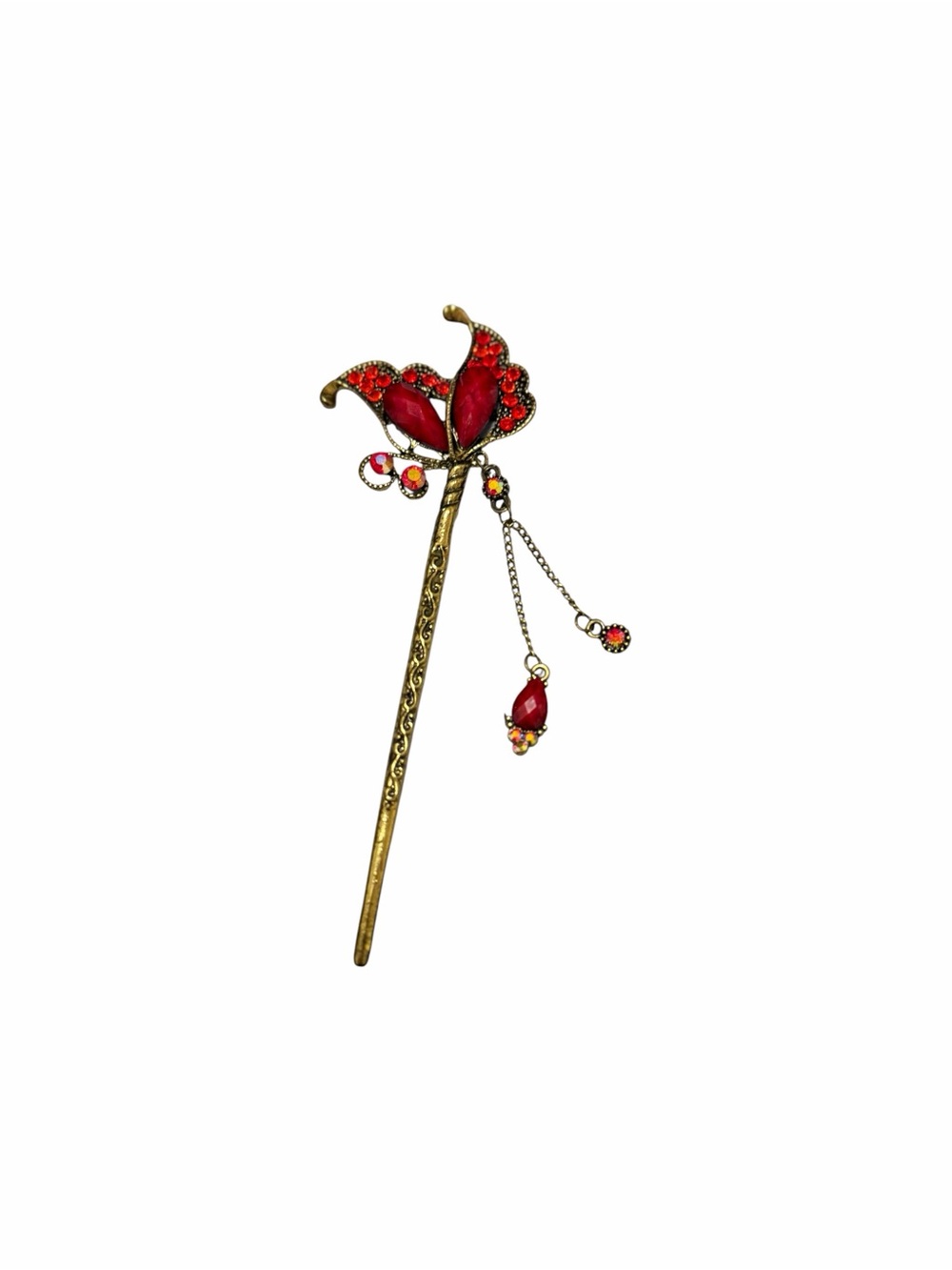 Red Floral Hair Stick Pin with Gold Accents
